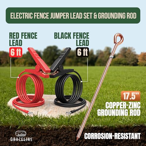 Electric Fence Jumper Leads with Alligator Clips, 6.6ft, 10,000V - 1 Set | Tinned Copper Wire Connectors with Premium TPU Insulated Cables for Fence Energizer and Solar Charger - with Grounding Rod - size: 1 Set (Red + Black Leads) + 1 Grounding Rod