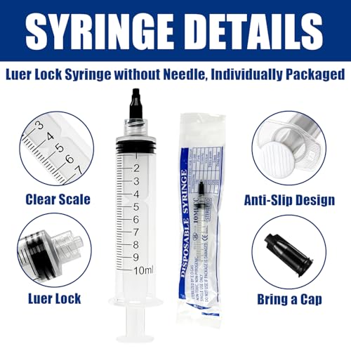 60 Pack 10ml Luer Lock Syringe without Needle - 10cc Plastic Syringes for Liquid, Individually Sterile Sealed with Cap, for Colostrum Collection, Oral, Pet Feeding, Glue, Oils - size: 10ML