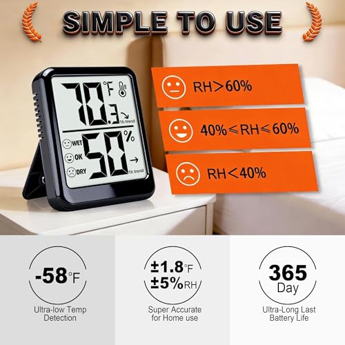 2 Pack Room Thermometer Indoor Hygrometer Digital Humidity Meter | Accurate Sensor, Fast Refresh, Big Digits, Easy to View, ℉/℃, w/ AAA Battery, Compact for Home, Office, Pet, Plant - color: Black - Upgraded Version, size: 2 - Pack