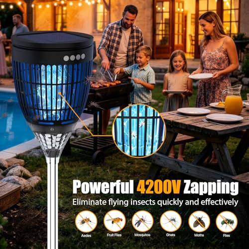 Rossetta Solar Bug Zapper Outdoor, Fly Zapper with Flame & Projector Light | 4200V Shock Grid, Solar & USB Charging, IPX5 Waterproof, Auto Mode, Cordless Electric Mosquito Killer for Patio, Garden - color: Black