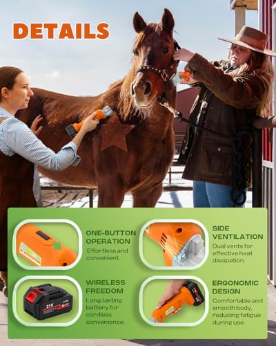 Cordless Horse Clippers for Ponies, Cattle & Large Dogs | Includes 2x 21V 4Ah Lithium Batteries & 6-Speed Adjustment. Professional Cordless Kit for Heavy-Duty Livestock Grooming