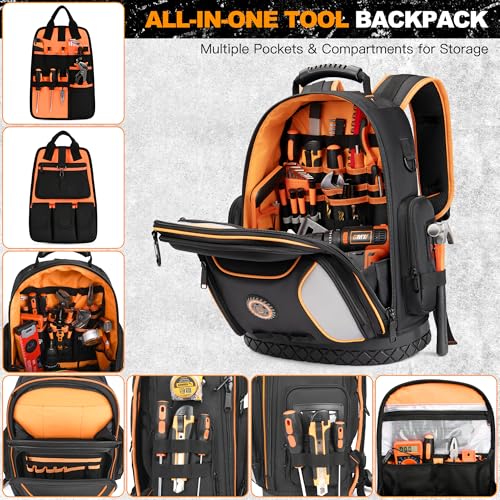 LOKASS 18.1-inch Heavy-Duty Tool Backpack, 75 Pockets, Black | 110 lbs Load Tested, 1680D Tear-Resistant Fabric, Removable Tool Panel, Combination Lock, Electricians, HVAC Pros - color: Black