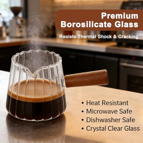 2 Pack Espresso Measuring Cups 6 Oz (180ml), Glass Milk Frothing Pitcher with Wood Handle, V-Shaped Spout with Oz & ML Markings, Heat-Resistant Espresso Shot Cups for Coffee, Milk