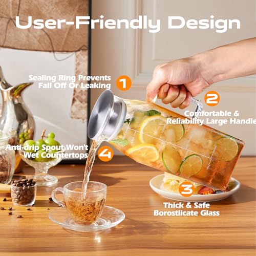 Aofmee 68oz Glass Pitcher with Lid and Handle for Fridge, Clear 2pc | Iced Tea Pitcher for Fridge, Borosilicate Glass Carafe, Sun Tea Jar, Dual Pour Stainless Lid, Dishwasher Safe - color: Clear 2pc