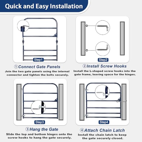 4 ft W x 50 in H Farm Gate, 6-Bar Steel Livestock Gate for Horse & Cattle | Heavy-duty horse gate and cattle gate with 6-bar steel tubing, chain latch and animal-safe spacing for farms and corrals.
