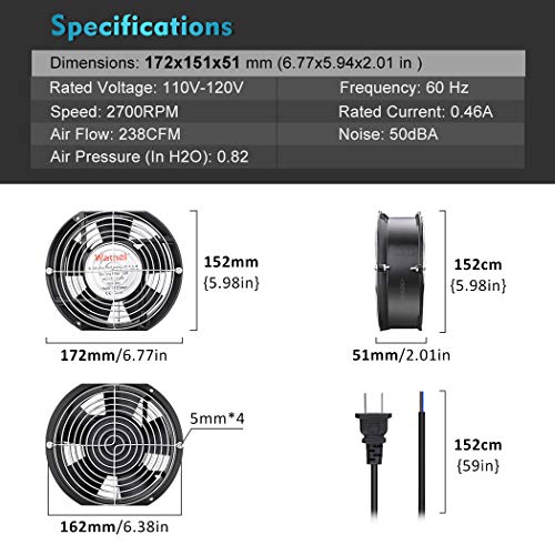 Wathai 172mm x 150mm AC Axial Fan 110V 120V Air Hockey Table Replacement | Dual Ball 6 Inch Exhaust High CFM Air Hockey Fan for Server DIY Cooling Ventilation Exhaust Projects 238 CFM - style: 172x150x51mm