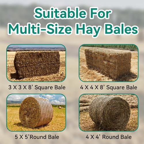 Large Round Bale Hay Net, Slow Feed Knotless Design Hay Net Feeder for Livestocks,Heavy Gauge Large Hay Net for Horses, Cattle, Sheep in Farms and Pastures, 1.75-inch Mesh (5×5ft) - color: 5×5 ft