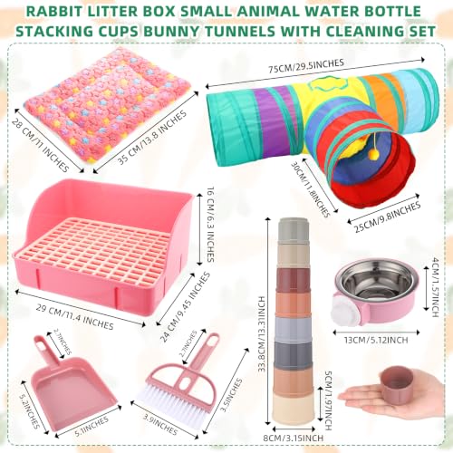 34 Pcs Rabbit Starter Kit Rabbit Litter Box Small Animal Water Bottle Cups Bunny Tunnels Animal Grooming Kit Bowl Blanket with Cleaning Set for Guinea Pig Bunny(Style 1,Light Pink) - color: Light Pink, style: Style 1