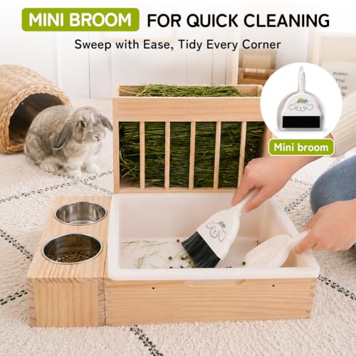 3-in-1 Rabbit Hay Feeder with Litter Box, Bowl Tray for Small Bunnies | Hay Storage Holds 0.7 lb of Hay, Includes a Mini Brush,Easy Clean,Wooden Bunny Toilet for Netherland Dwarf, Polish - size: Medium