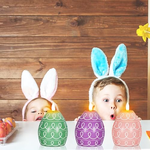 3PCS Easter Egg Flameless Candles – 5.2" Battery Operated LED Egg Candles with White Wave Pattern, Green Purple Pink Real Wax Finish, Flickering Flame for Easter Table Centerpiece Spring Home - color: purple, pink, green