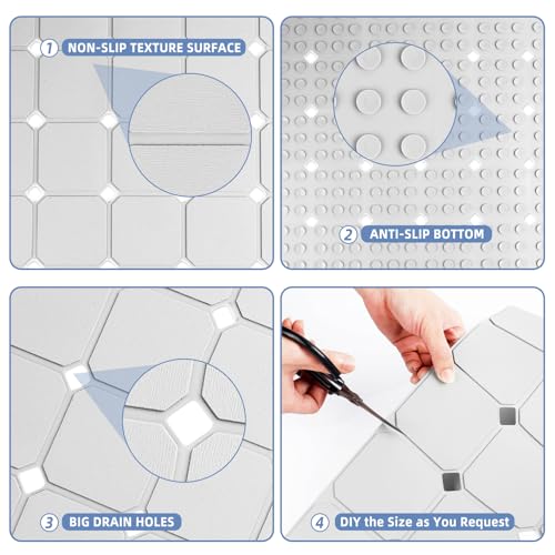 Shower Mat Non Slip 21"x21" Silicone Foldable Bath Mat with Suction Cups & Drain Holes, Odorless, Eco-Friendly & Durable, Machine Washable Shower Stall Mat for Adults, Seniors White - color: White