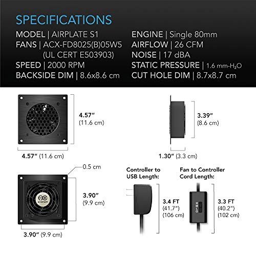 AC Infinity AIRPLATE S1, Quiet Cooling Fan System 4" with Speed Control, for Home Theater AV Cabinets (Pack of 2) - size: Single 80 (Pack of 2)