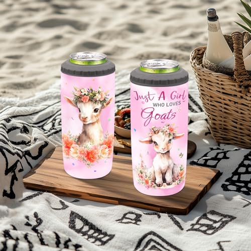 Just a Girl Who Loves Goats 4-in-1 Can Cooler Insulated Tumbler Floral 12 oz Slim Cans Bottles Holder Tumblers Travel Water Bottle Farmhouse Style Gift for Farm Girls Lovers