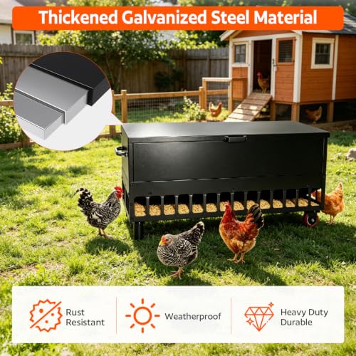 120LBS Heavy-Duty Galvanized Automatic No-Waste Chicken Feeder | 38 Ports Grille Gravity Feed Saving Design with Weather Resistant Lid & Side Wheels, Suitable for Hens, Ducks & Geese