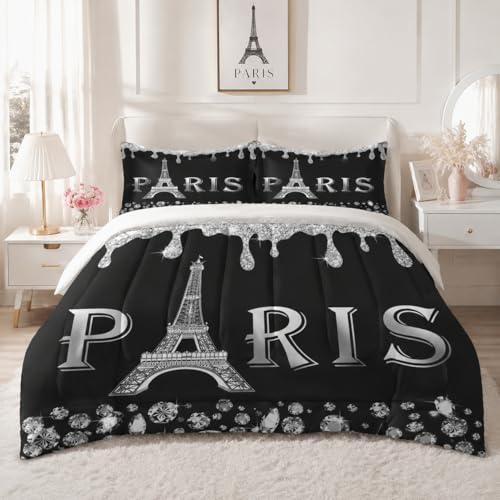 WeCozy Twin Comforter Set, 2 Pieces Silver Paris Bedding, All Season | Eiffel Tower Black France French City Soft Comforter with 1 Pillowcase for Kids and Adults Room Bedroom Bed Decor - color: Multi 11, size: Twin