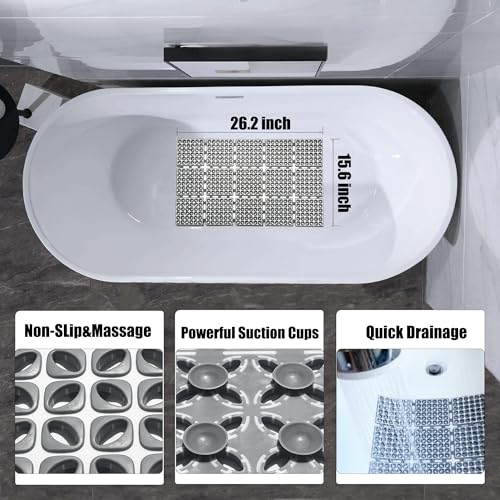 Non Slip Shower Mat for Bathtub with Strong Suction Cups | Quick-Dry Drain holes. Firm Yet Elastic Surface Massages Feet, Boosts flow. Sticks to wall to dry, folds, 26.2"x15.6" Gray - color: Gray, size: 26.2" x 15.6" (Rectangular)
