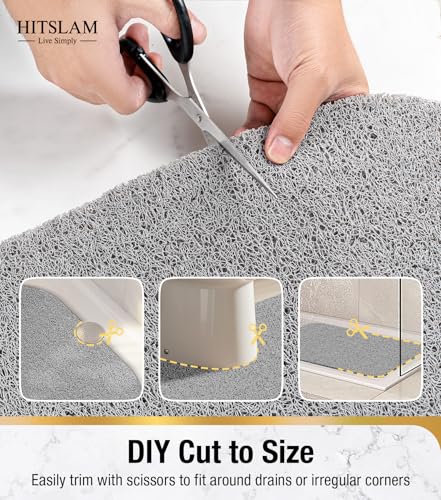HITSLAM Oval Loofah Shower Mat Non Slip, 27x16 Inch, Grey | Bath Mat for Textured Tub & Inside Shower Stall, No Suction Cups Quick Drying PVC Porous Floor Mat, Soft Foot Exfoliating - color: Grey