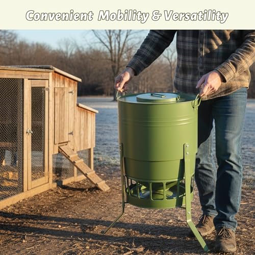 KOL Chicken Feeder No Waste for Coop & Outdoors, 16 Port 50lbs Poultry Feeder with Spill-Control Design, Rust-Proof Powder Coated Metal & Smooth Safe Edges (Avocado Green) - color: Avocado Green