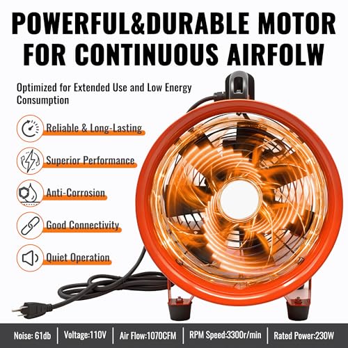dreamdragon Upgraded 8-Inch Utility Blower Fan, Portable Industrial Exhaust Fan with 16.4ft Flexible Duct Hose, 3300 RPM Ventilator for Workshops Warehouses and Basements