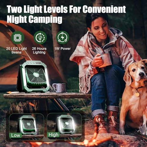 Portable Camping fan Rechargeable, 2-in-1 Battery Powered Solar Fan with Detachable Solar Panel, 270° Rotation Personal USB Desk Fan with 3 Speed/Timer/LED Light/Hanging Hook for Outdoor - color: Green A