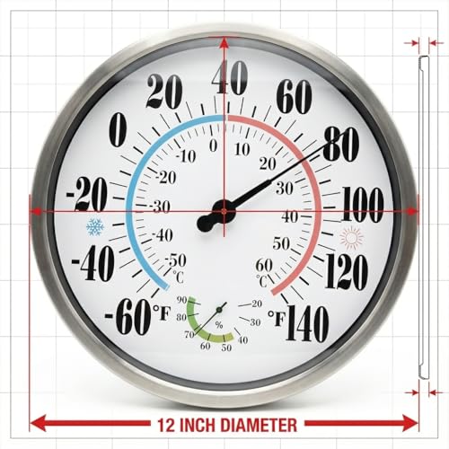 [QTengCX] 12 Inch Large Waterproof Outdoor Thermometer, Metal Wall Indoor Outdoor Analog Thermometer with Hygrometer Gauge for Patio, House, Garage, Garden - No Battery Needed