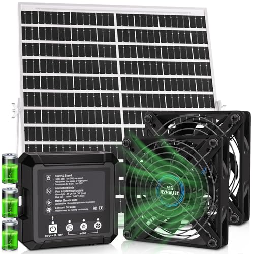 Solar Powered Fan for Chicken Coop, 25W Solar Panel, 2 * 4.7" Fans, 3 Smart Mode, Solar Exhaust Fan for Chicken Coop, Shed, Pet House