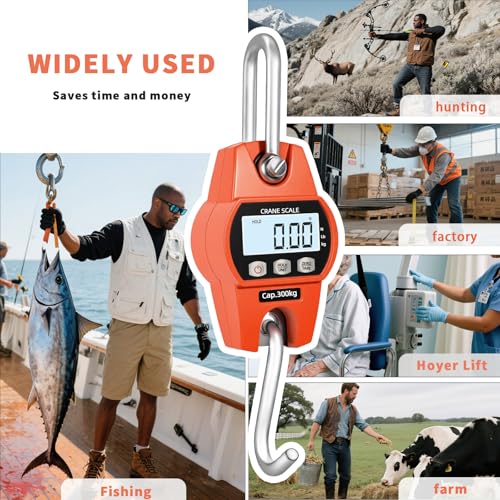 Hanging Scale 660lb/300kg - High-Accuracy Crane Scale with Aluminum Frame and LCD Display. Functions as Fishing Scale and Luggage Scale. for Farm, Hunting, Fitness, and Travel Weighing
