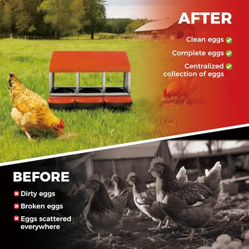 Galvanized Steel Chicken Nesting Box 3 Compartment with Pull Out Tray, Roll Away Nest Boxes for Laying Hens Egg Collection, Wall Mount Poultry Nest Box for Coop with Handle, Orange - color: Orange, size: 3 Compartments