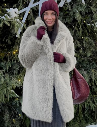 COZYPOIN Womens Faux Fur Coats Mid Long Warm Winter Fluffy Jackets | Shawl Collar, Long Sleeve, Pockets, Snap Button, Smooth Lining, Loose Fit, Fuzzy Shaggy Coat, for Daily Party Holiday Wear - color: Taupe, size: Medium