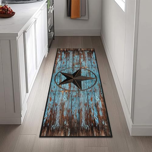 Western Runner Rug 2x6,Rustic Barn Texas Star on Old Wooden Plank,Ultra-Thin Throw Carpet Washable Kitchen Runners Teal Hallway Rug Entrance Door Mat Non Slip Accent Area Rugs for Entryway Laundry - size: 2'x6'