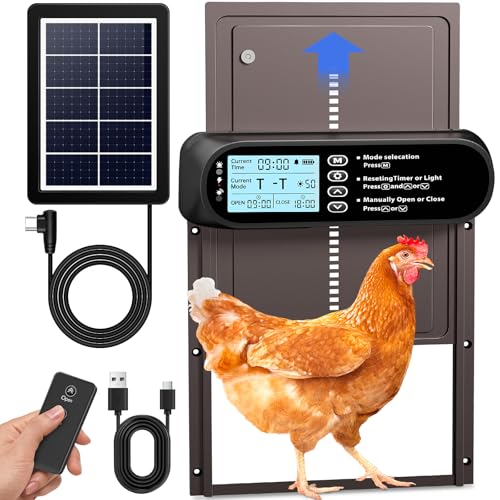 Automatic Chicken Coop Door Solar Powered, LCD Screen Electric Auto Chicken Coop Door with Timer & Light Sensor, Aluminum Rechargeable Auto Chicken Door Opener with Remote Control & 4 Modes - color: Brown