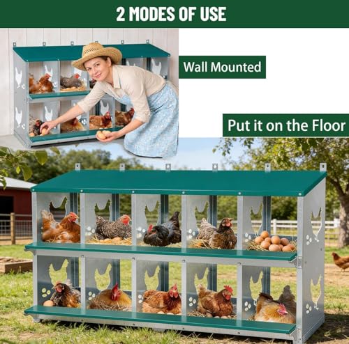 Chicken Nesting Box, 10 Compartments Nesting Box with 4 Fake Eggs & 10 Soft Nest Pads, Wall Mounting for Easy Egg Collection, Heavy Duty Galvanized Steel Rustproof Laying Box with Vented & Easy Clean - size: 10 compartment