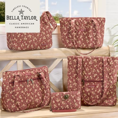 Bella Taylor Lunch Tote, Quilted Lunch Bag, Burgundy Floral | Lightweight quilted cotton lunch box, easy-to-clean PEVA lining, 3 outside/1 inside pocket, durable construction - color: Burgundy Floral