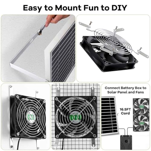 Solar Powered Fan with Battery, Rechargeable Solar Fan for Chicken Coop, Greenhouse, Shed, Outside with Two IPX7 Waterproof Exhaust Intake Fans 16.5Ft On/Off Switch Cable - size: Medium 5"-BAT