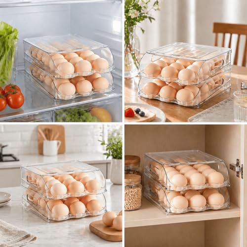 SMRCAD 54-Egg Dispenser with Silicone Bumpers, Auto-Rolling, Stackable | BPA-free food-grade PET | Stackable with lid | Built-in handle | 11.92"L x 8.85"W x 7.9"H | Hand wash only - size: 3 Tier Holder 54 Eggs (L SIZE)