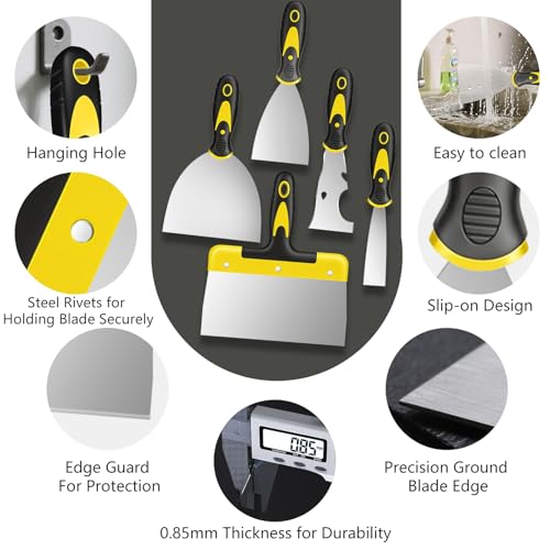 suokoun Spackle Knife Set, 5 PCS Stainless Steel Putty Knife Set Include 4 Paint Scrapers and 1 Multi Scraper Tool, Paint Scraper Tool for Drywall Decals (1.5" 3" 4" 6" 10")