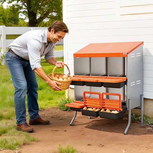 VEVOR Chicken Nesting Boxes, 6 Compartments, with Support Legs, Easy Egg Collection, Galvanized Steel and High-Strength Plastic, Roll Away Nesting Boxes for Chickens and Hens Laying Eggs, Orange - size: 31.3"L x 20.7"W x 39.0"H