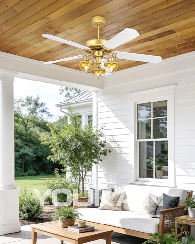 YOUKAIN 52-Inch Farmhouse Ceiling Fan with 3 Lights & Remote, Gold/Wood | 5 reversible blades, industrial-inspired gold and wood finish for indoor/outdoor use and covered patios