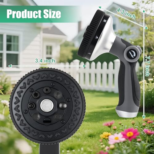 Garden Hose Nozzle, 8 Spray Patterns, 90mm Thumb Control | 8 Spray Patterns, Thumb Control, Zinc Alloy, 3/4" GHT, Universal Fit, Leak-proof - size: 5.24 x 7.58 x 3.94 inches