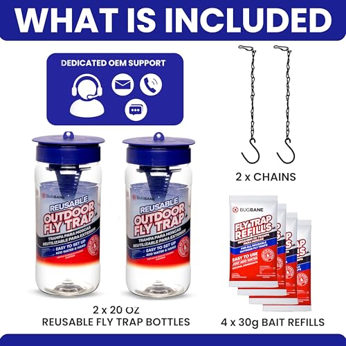 2 Fly Traps Outdoor Fly Trap for Patio with 4 Non-Toxic Dissolvable Bait Refills. Reusable Hanging Bug Catcher Killer for All Filth Flies for Outside Bug Control Yard Ranch. Hanging Chains Included. - style: 2pack