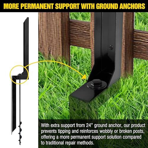LADECH Heavy Duty Steel Fence Post Repair Stakes with Ground Anchor Screw in, Fix Anchors Ground Spike for Fence Posts, Repair Tilted/Broken Wood Posts (Black - 4 Pcs)