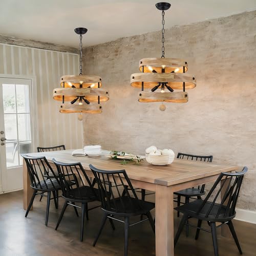 20" Farmhouse Chandelier for Dining Room Light Fixture, 6 Light | Wooden Drum Rustic Chandelier, French Country Pendant Light Over Table for Living Room Foyer Kitchen Island, 6 E12 Sockets - color: 20" Layered