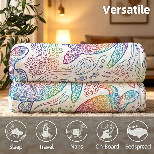 Rainbow Mandala Sea Turtle Throw Blanket, Flannel Fleece 50" x 60" | Yujiiso Rainbow Mandala Sea Turtle Blanket Lightweight Decor for Living Room, Bedroom, Office and Travel, Home Decor Gift - color: Rainbow Mandala Sea Turtle, size: 50"x60"