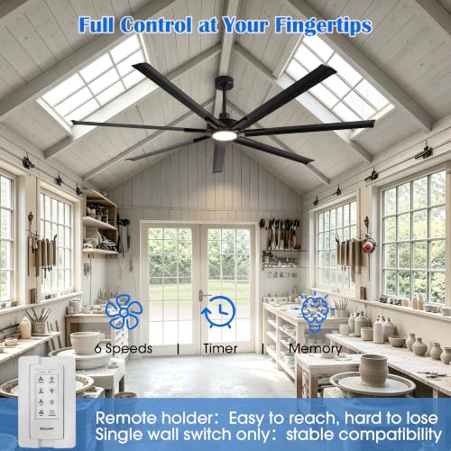 100" HVLS Ceiling Fan with Light/Remote, Large Rooms, DC Motor | High-Volume Air Circulation Large Open-Space 24W 3CCT Dimmable LED Aluminum Blades Reversible High Ceiling - color: Black, size: 100-inch