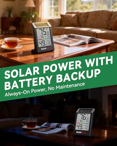 BALDR Solar Indoor Thermometer Hygrometer, Max/Min, Comfort Meter（Black） | Solar & Battery Dual Power |No Setup or App Required |Clear Comfort Level Indicator |Flexible Desk or Wall Placement - color: Black