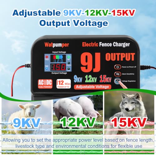 10 Joule Electric Fence Charger, Adjustable 9KV/12KV/15KV Output Voltage | 10 Joule Stored / 9 Joule Output Electric Fence Energizer, Range 12 Miles, 12V DC/100-240V AC Dual Power with Alarm