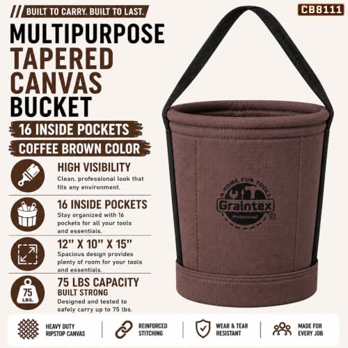 Graintex Canvas Utility Bucket 12"x10"x15". Tapered Tool Bucket, Reinforced Base & Carry Handle, Ripstop Canvas, Multi-Purpose Bag for Jobsite, Gardening, Home Use - Coffee Brown - color: Coffee Brown