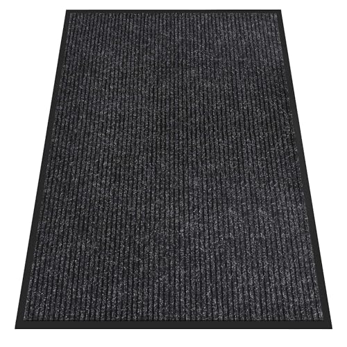 Front Door Mat Outside Entrance, Dirt Trapper Doormat 60" x 48" | Non Slip Indoor Outdoor Welcome Mat for Entryway, Absorbent Commercial Floor Mat for High Traffic Area, All Weather, Black - color: Black Striped, size: 4' x 5' (Rectangular)
