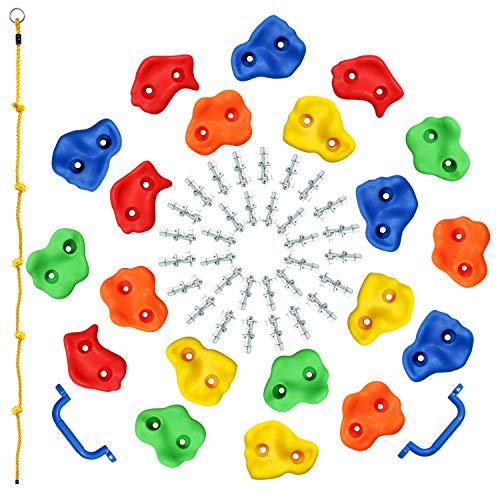 DIY Rock Climbing Holds Kit, 20 Holds & 8FT Rope for Kids | 20 Rock Holds, 2 Handles, 1 8FT Knotted Rope, For Swing Sets & Jungle Gyms