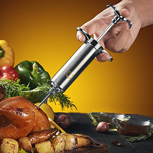 Meat Injector Syringe 2-oz Marinade Flavor Barrel 304 Stainless Steel with 3 Professional Needles 2 Cleaning Brushes and 4 Silicone O-Rings
